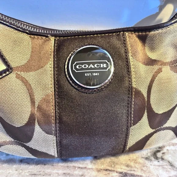 Vintage Coach Signature Jacquard Stripe Demi Brown and Tan Shoulder Bag